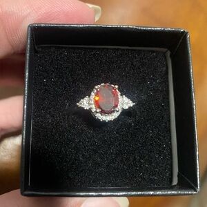 Red CZ Oval Halo Ring with CZ Accents - size 7